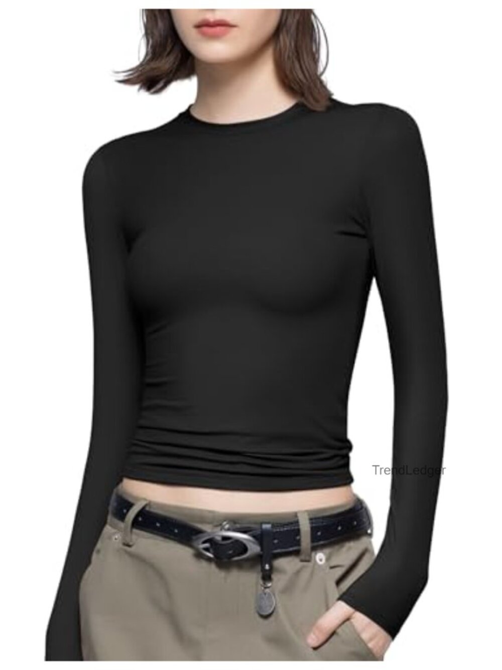 Long Sleeve Crew Neck Slim Fit T-Shirt Stretch Nylon Spandex Basic Tee